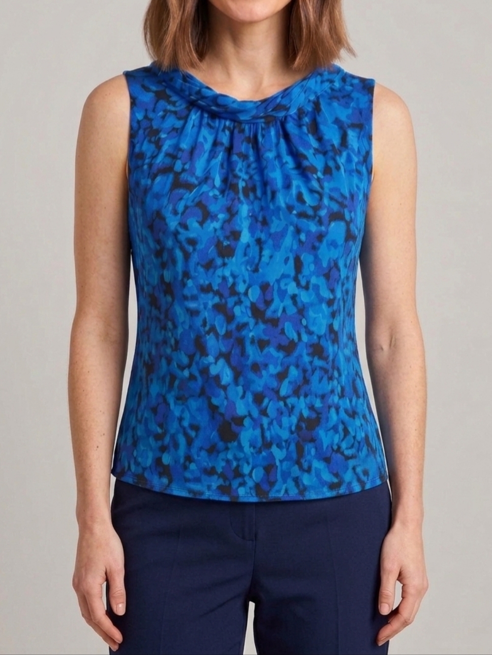 SPENSE Blue Abstract Blue Blouse M Sleeveless Cowl Neck Professional Office Top